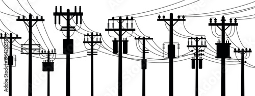 Electric power lines and utility poles silhouettes with transformers, representing energy distribution, electricity infrastructure, industrial network, and modern power supply system concept