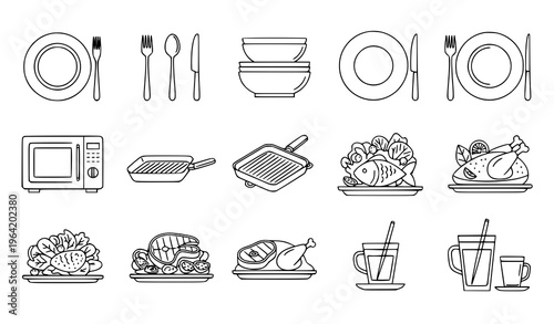 Dish Bowl and Cooking Utensils Icon Set Vector Linear Tableware Isolated White Background