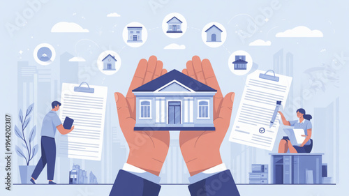 Hands holding a house with documents and city background symbolizing real estate or property protection