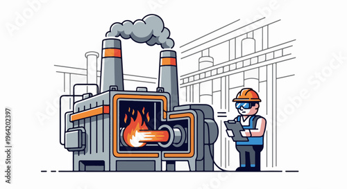 Worker inspects industrial furnace emitting smoke in a factory setting