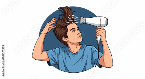Young man styling his voluminous brown hair with a white hairdryer