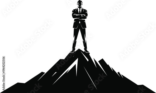 businessman, suit, tie, arms crossed, standing, mountain peak, black and white, silhouette, leadership, success, achievement, confidence, power, b Businessman standing on of mountain suit arms crossed