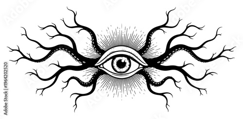 Mystical eye symbol with radiating organic branches for esoteric and surreal concepts