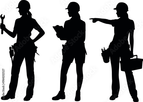 Female construction workers silhouettes holding tools and equipment, representing skilled labor, engineering roles, workplace diversity, and empowerment in industrial industry concept