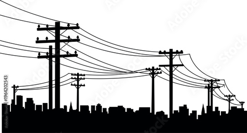 Electric power lines over city skyline silhouettes with utility poles, representing urban energy distribution, electricity infrastructure, and modern power grid concept