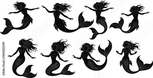 Mermaid silhouettes collection featuring mythical sea creatures with long hair and fish tails swimming for ocean fantasy vector graphic design,