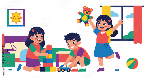 Group of happy children playing inside colorful nursery room with blocks teddy bear and toy car. Indoor scene features furniture window with landscape view ball and sun picture on wall.