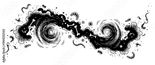 Cosmic vortex containing bones and microscopic organisms in surreal engraving style