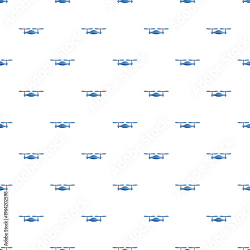 Blue drone quadcopter technology repeating in a seamless pattern design on a white background