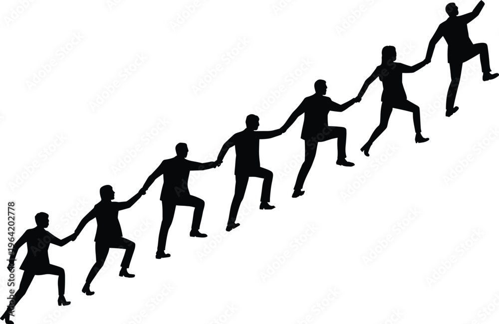 Fototapeta premium teamwork, cooperation, support, helping, climbing, stairs, success, motivation, business, partnership, unity, solidarity, people, silhouettes, bla Black silhouettes of people holding hands climbing up