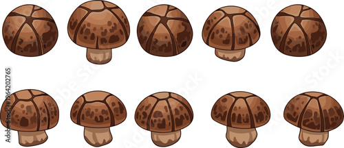 Mushroom icons set illustration, brown edible fungi collection with different cap shapes, food ingredient vector isolated on white background design
