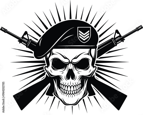 Military skull wearing beret with crossed rifles illustration, tactical soldier skull vector, army commando mascot design, war combat skull graphic, weaponry sunburst.
