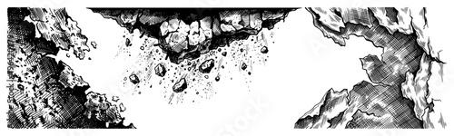 Broken rocky cliff edges surrounding white space with detailed shading in vintage engraving style