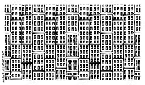 City building facades pattern with many windows and urban architectural sketch style