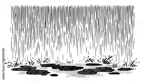 Heavy rain falling into puddles with water splashes in ink line art style