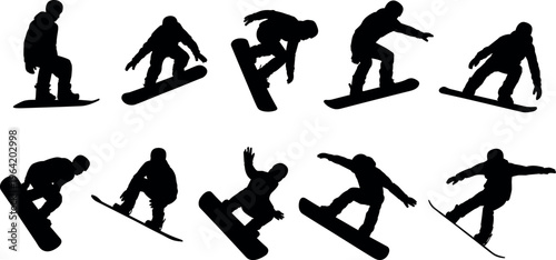 Snowboarder silhouettes performing tricks and jumps, representing winter sport, extreme action, freestyle performance, adventure, and active outdoor lifestyle concept