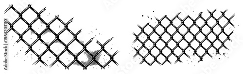 Chain link fence with broken segments and grunge texture in vintage engraving style