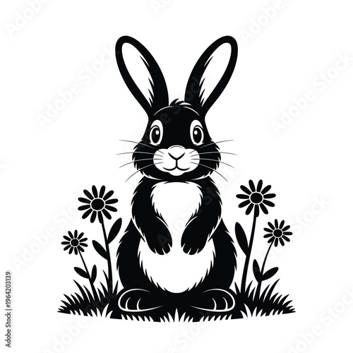 Black and white silhouette of a bat with flowers cartoon bat