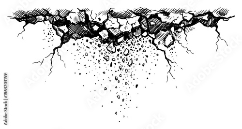 Cracked ground surface with falling debris and crumbling stones in detailed engraving style