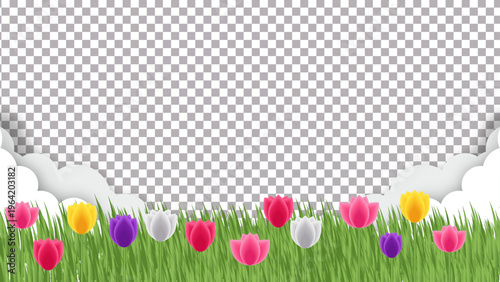 Spring Grass and Tulip Flowers Bottom Border Decorative Nature Frame Element Paper Cut Style Vector Illustration