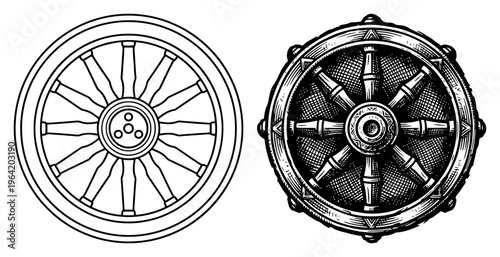 Ship steering wheel pair in minimalist outline and detailed vintage engraving style