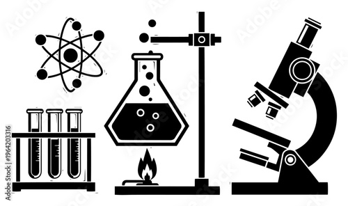 Science laboratory equipment icons including microscope flask test tubes and atom symbol