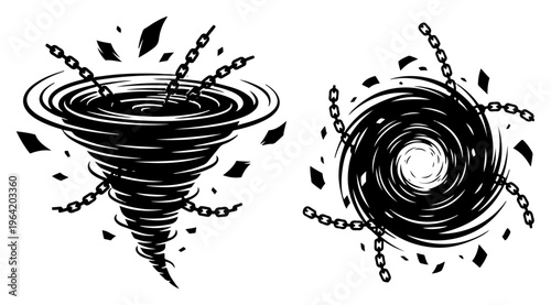Powerful tornado vortex wrapped in chains representing trapped energy or controlled force