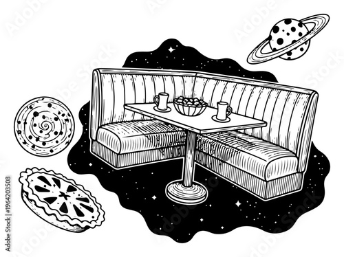 Surreal space diner with floating booth and planet in vintage engraving style