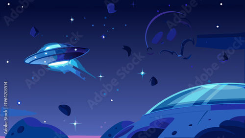 Ufo sighting with an alien head and scattered space debris