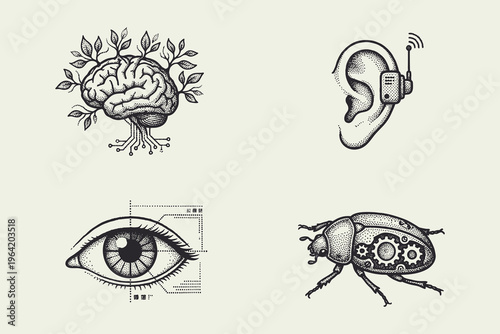 Set of Bionic and Cybernetic Illustrations in Stippled Style