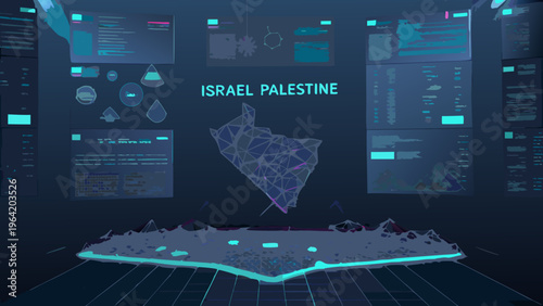 Digital display showcasing a polygonal map of israel and palestine