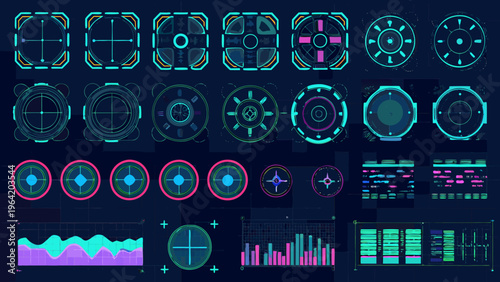 Futuristic user interface elements with glowing neon blue and pink accents
