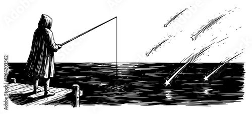 Cloaked fisherman on wooden pier under falling meteor shower in vintage engraving style