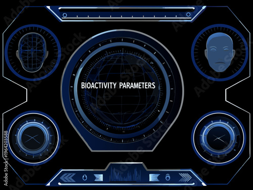 Futuristic interface displaying bioactivity parameters with human face scans