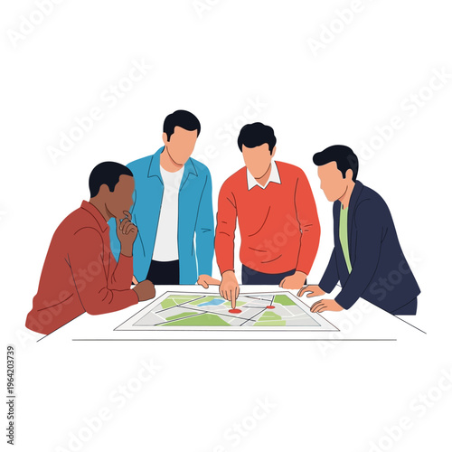Diverse group of professionals collaborating around a table with a map