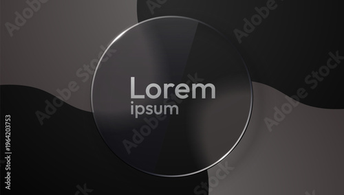Sleek dark background with a glossy glass circle and abstract wavy shapes. A modern elegant design template. Vector illustration