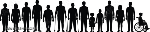 silhouettes, people, crowd, diverse, disability, wheelchair, canes, standing, children, adults, senior, group, black, various, phys Black silhouettes of people with various physical abilities and ages