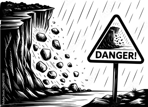 Black and white of falling rocks from a cliff with a danger sign warning of rockslide
