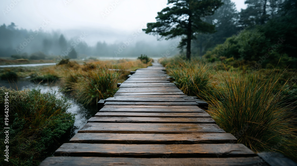 Fototapeta premium Serene wooden boardwalk pathway stretching through misty foggy wetlands in soft natural light. Defocused fog background. Boardwalk landscape, foggy wetland, wooden path, serene