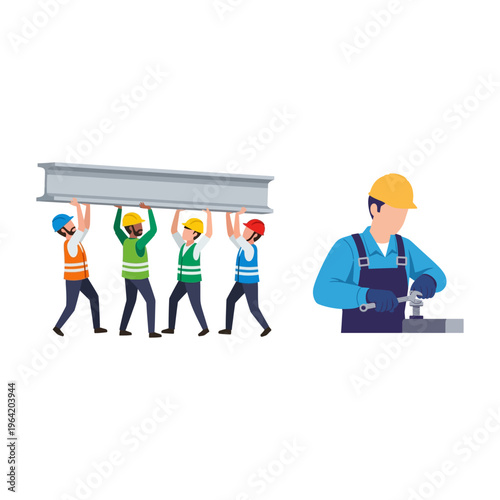Construction workers carrying steel beam and mechanic fixing machine