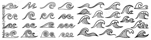Ocean wave collection with various minimalist and swirly line art elements