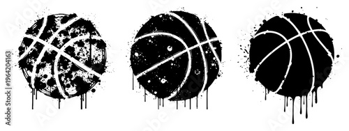 Basketball silhouettes with grunge splatter and ink drip effects in urban street style