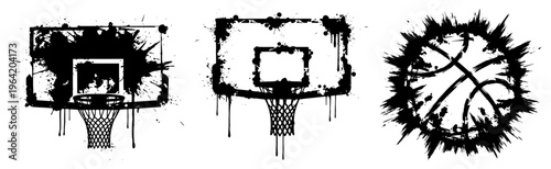 Basketball backboards and ball with heavy ink splatter and grunge effects in street art style