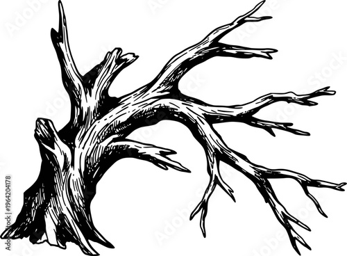 Detailed Black and White of a Gnarled Dead Tree Branch with Textured Bark wood