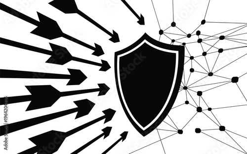 shield, arrows, network, connections, protection, security, black, white, symbol, defense, safety, risk management, threat, arrows flying, l Black shield with arrows and network connections protection