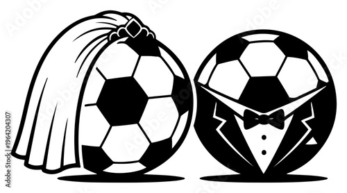 Soccer balls dressed as bride and groom representing sports themed wedding celebration