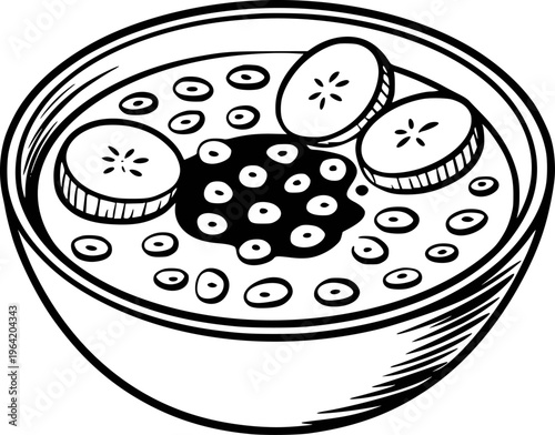 Hand drawn black and white of a bowl of oatmeal with banana slices and blueberries