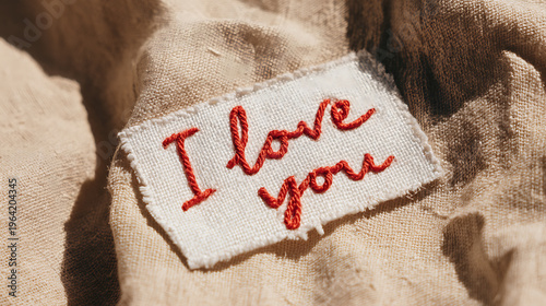 Textile art featuring embroidered declaration of affection on natural fabric. Focus on handmade craft, warm sentiment, and gentle texture in sunlight