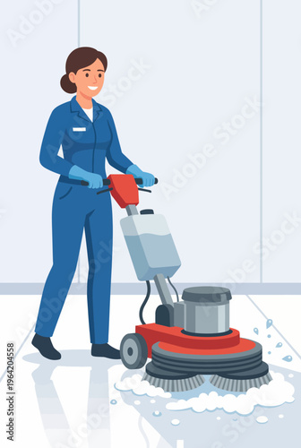 A cheerful female cleaner operates a floor scrubber, demonstrating the effectiveness of her cleaning tools and creating a pristine environment in a modern space.