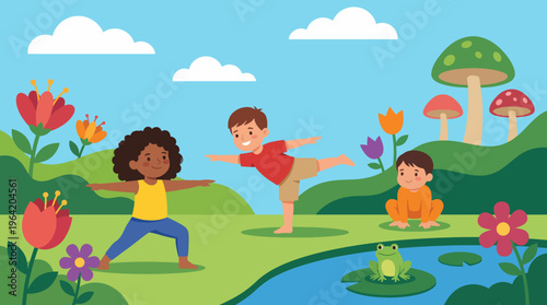 This cheerful image depicts three children playing joyfully in a colorful, natural setting, highlighting the beauty of childhood and the connection to the outdoors and imagination.